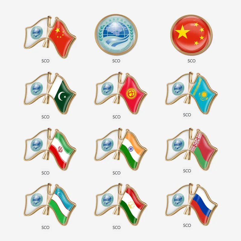 SCO Shanghai Cooperation Organization Flag Lapel Pins china India Russia Pakistan Natinal Country Flag Badge Cross Brooch
