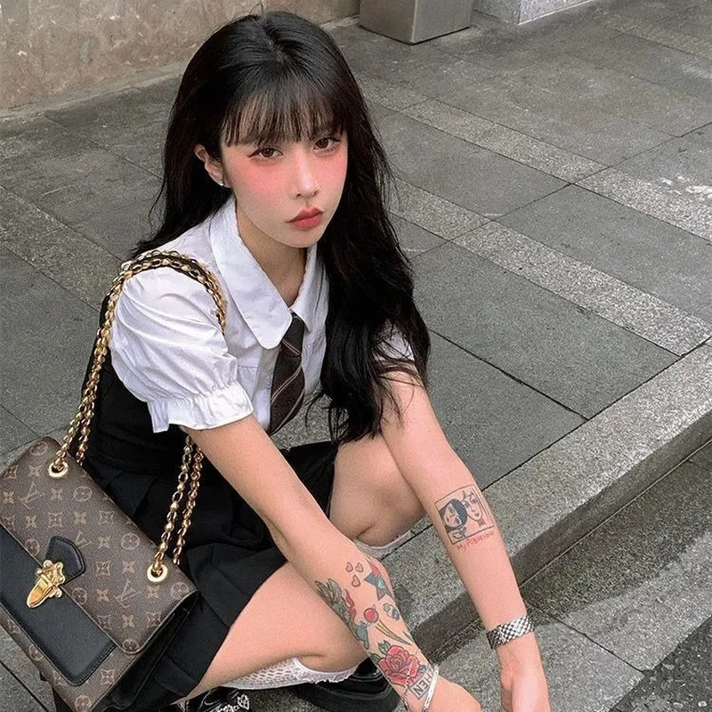 Mulheres Conjuntos de Vestido Estilo Preppy Slim High Street Girl Sweet Ins Puff Manga Camisas Plissadas Vestidos Estudante Harajuku Ulzzang JK Hot