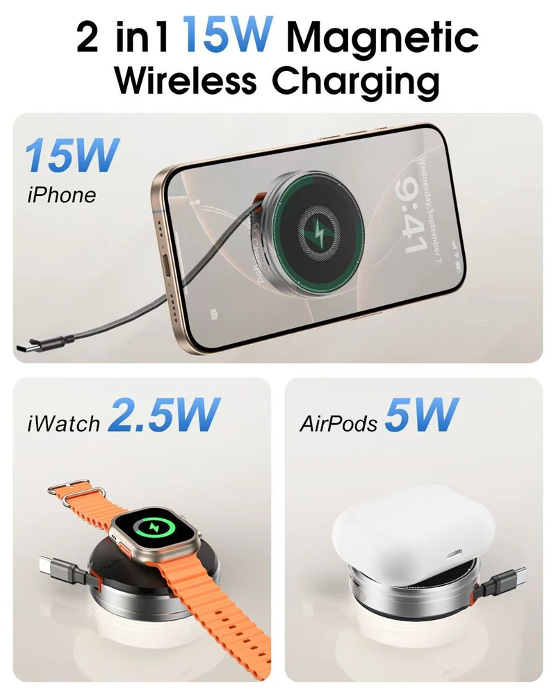 ワイヤレス充電器 金属亜鉛合金製 ポータブル 3in1 伸縮式ケーブル 磁気ワイヤレス充電 スマホ/時計/イヤホンスタンド