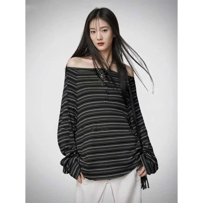 

American retro style long sleeve tops streetwear fall striped off-the-shoulder loose cottonT-shirt sexy girl vintage tees
