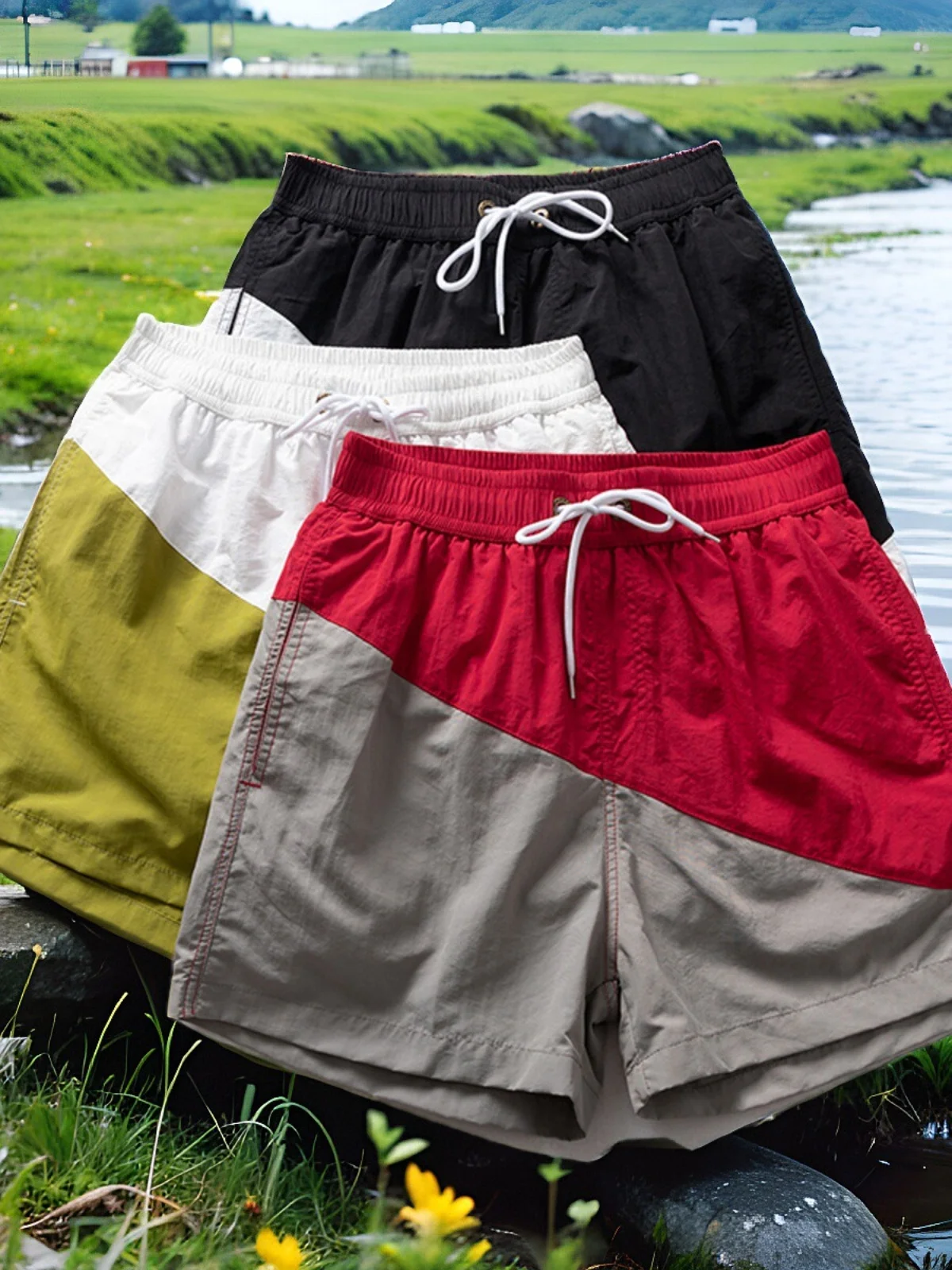 

Sporty Patchwork Men's Shorts Fitness Running Summer Trendy Low Waist Straight Leg Breathable Polyester Casual Pants