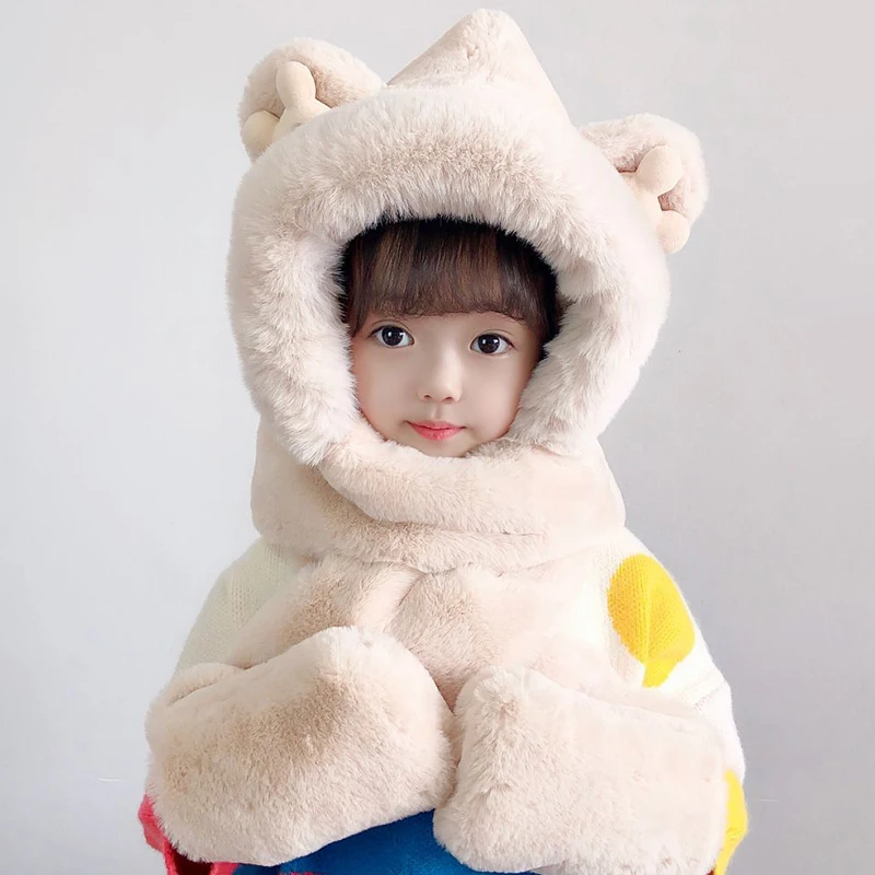 قبعات أطفال سميكة بغطاء رأس وشاح وقفازات ، قبعة ناعمة 3 في 1 ، وشاح طويل ، شال ، جيب ملفوف ، قفازات ، دافئة ، شتوية