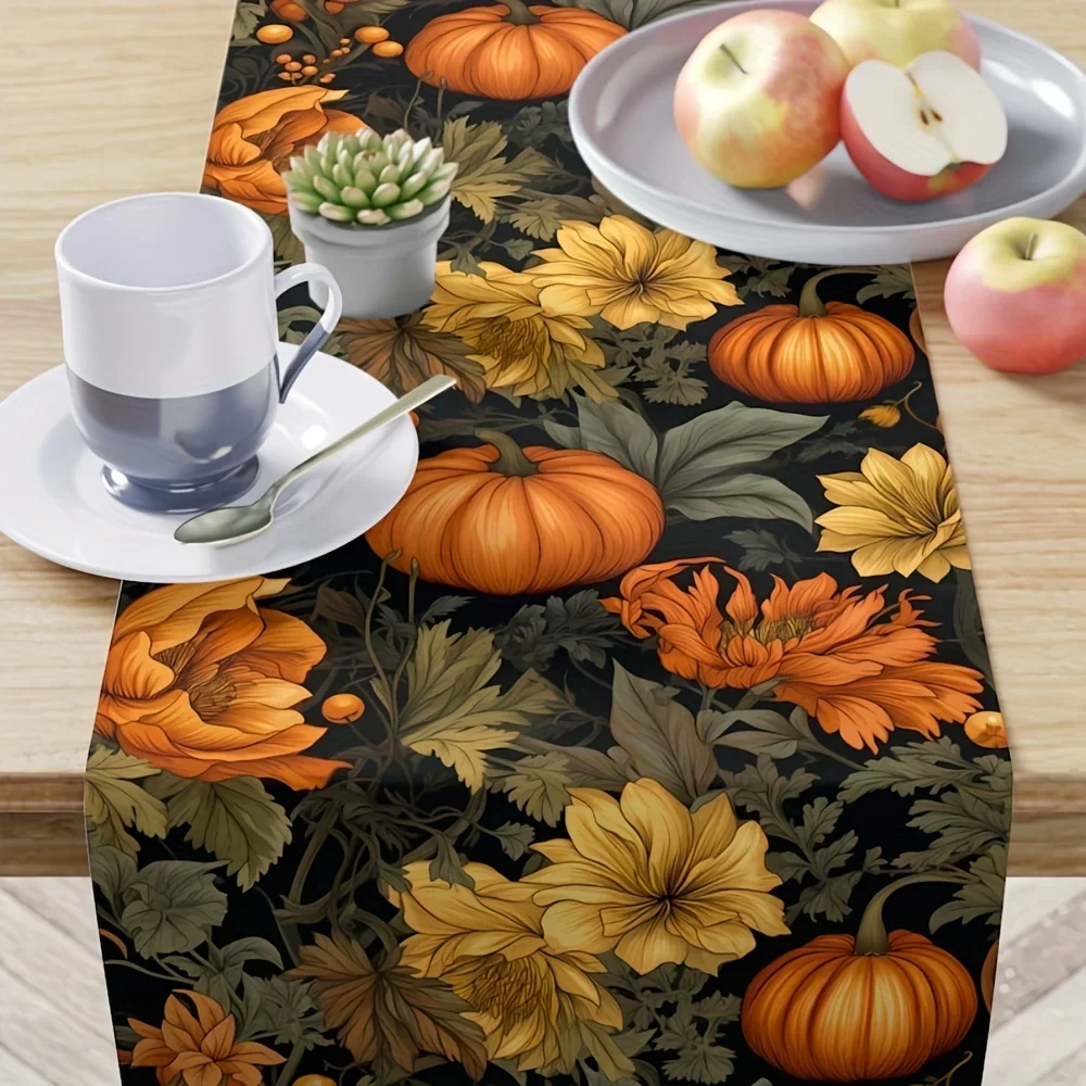 1Pc Autumn Harvest Style Table Runner Black And Orange Pumpkin And Floral Print Table Cover For Dining Room Kitchen Desk Home Pa