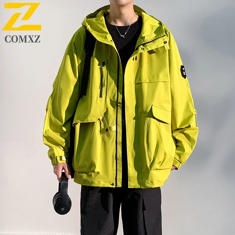 Men's Spring Autumn Workwear Jacket Windproof Waterproof Hooded Parka with Multi-Pockets Breathable Membrane for Outdoor Travel