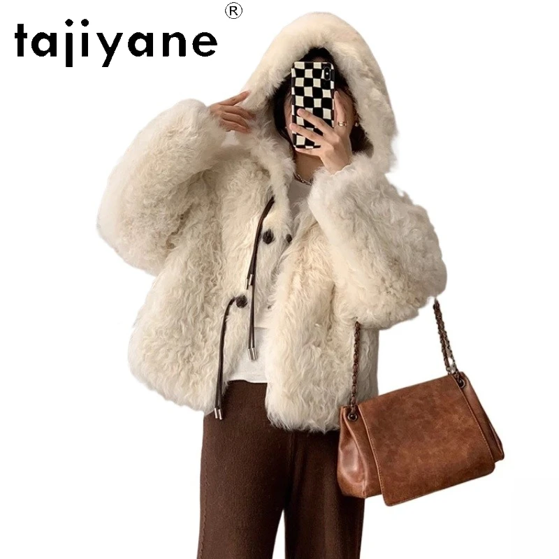 

TAJIYANE 100% Natural Tuscany Wool Sheepskin Double Faced Fur Coat Woman Hooded Elegant Real Fur Jacket Winter Clothes 2025 шуба