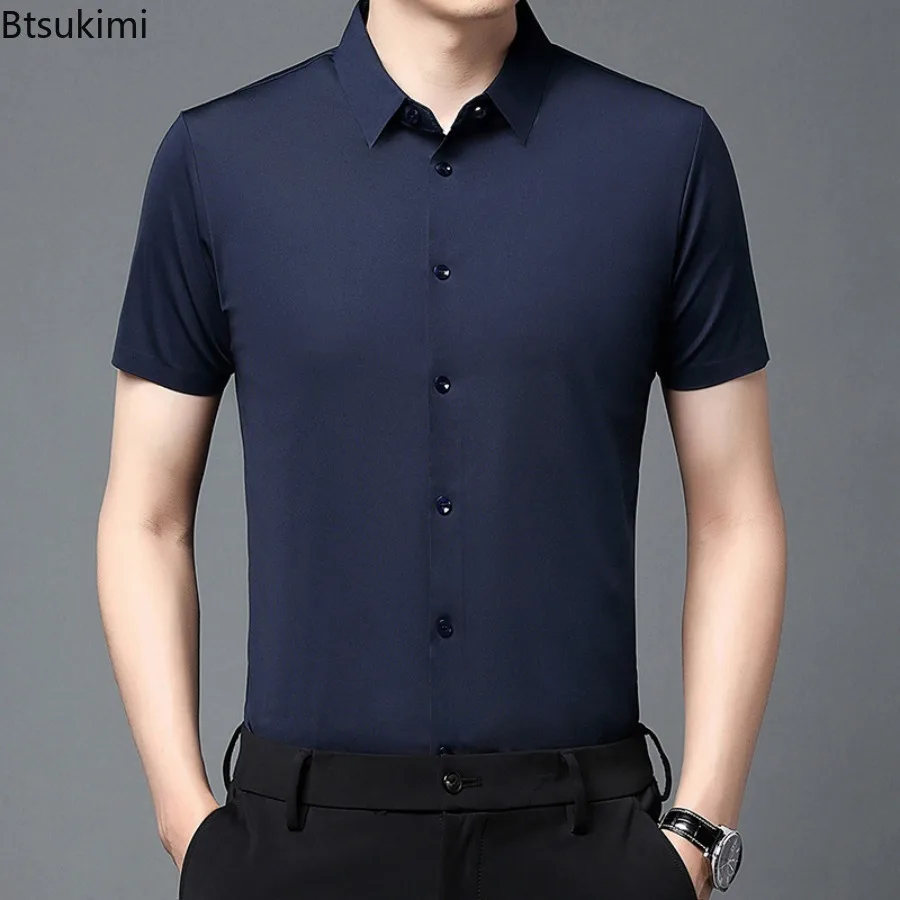 

2026 New Men's Business Casual Solid Color Short Sleeve Shirts Summer Ice Silk Men's Seamless Oversized Shirts for Comfort Tops