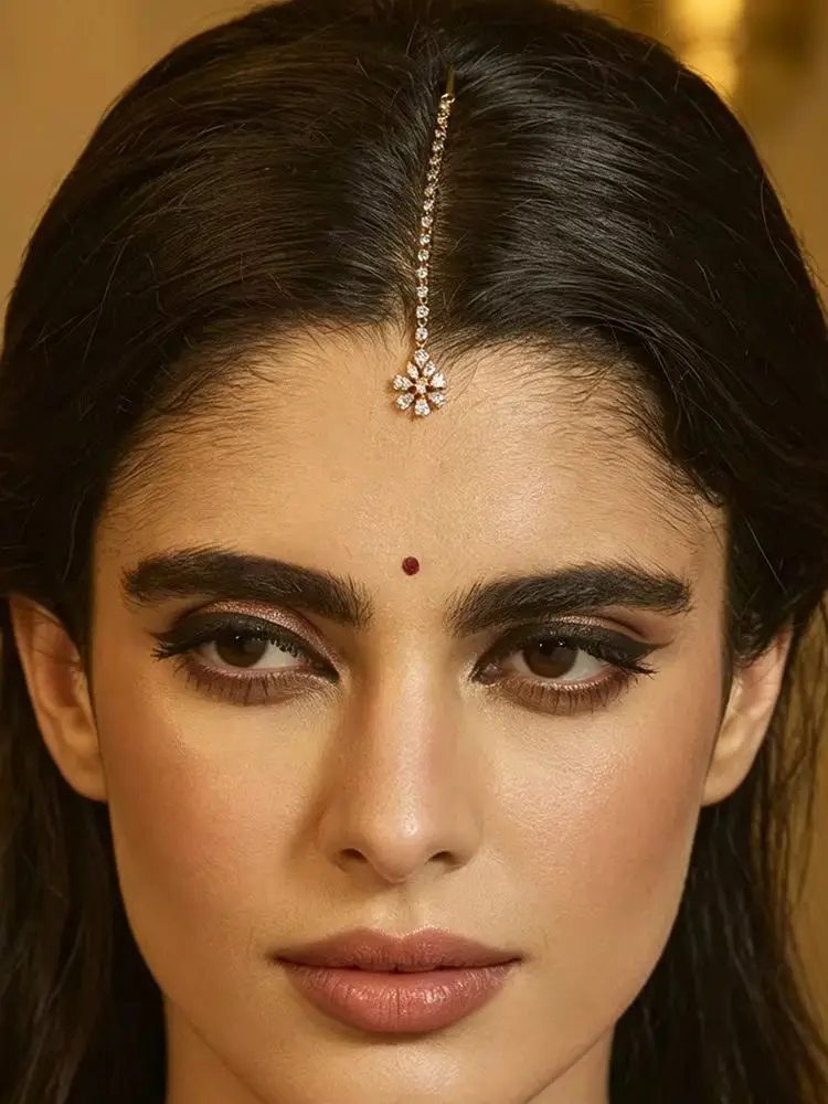 Round Teardrop Clear Rhinestone Floral Tassel Maang Tikka Bridal Forehead Hair Pin Indian Wedding Head Jewelry Accessory