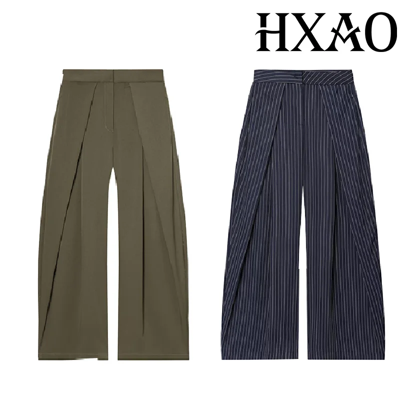HXAO Damesbroek Baggy Wijde Broek Voor Vrouw Minimalistische Geplooide Streep Casual Broek Dames Kantoor Groen Oversize Pakbroek - afbeelding 2