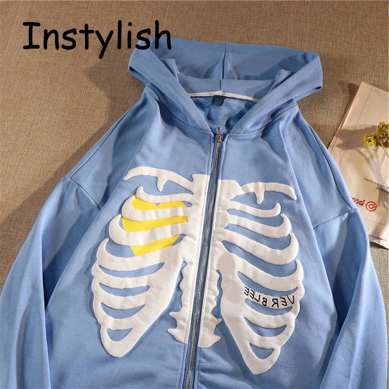 Gothic Skeleton Print Hoodies Men Women Y2K Long Sleeve Hooded Sweatshirts Harajuku Loose Zip Up Hoodie Jacket Coat Streetwear