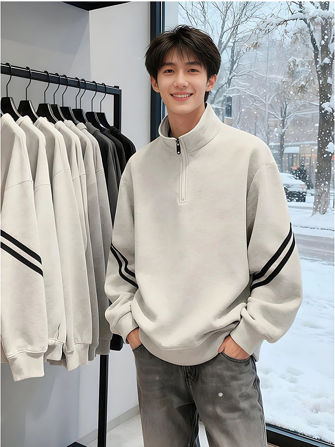 

Мужская зимняя теплая толстовка на флисовой подкладке с воротником-стойкой на молнии, в полоску, повседневная, молодежная, для дома и спорта