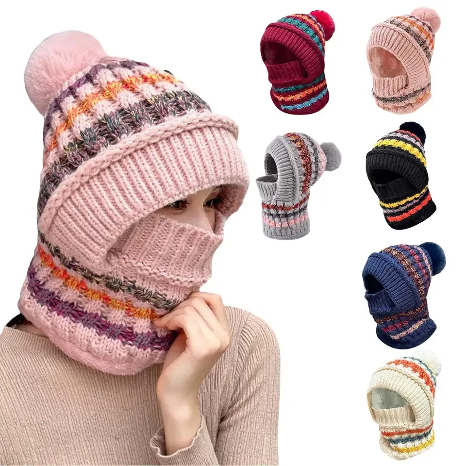 Women Winter Knitted Balaclava Hat Ear Fluffy Hats With Pompom Fleece Lined Face Cover Earmuff Hat For Cycling Skiing