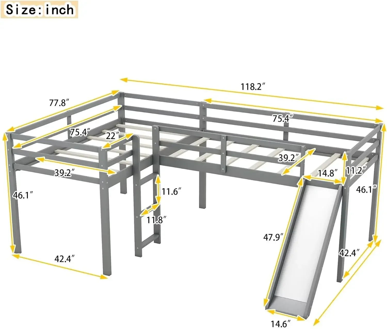 Wooden Twin Size Double Loft Bed with Slide and Ladder,