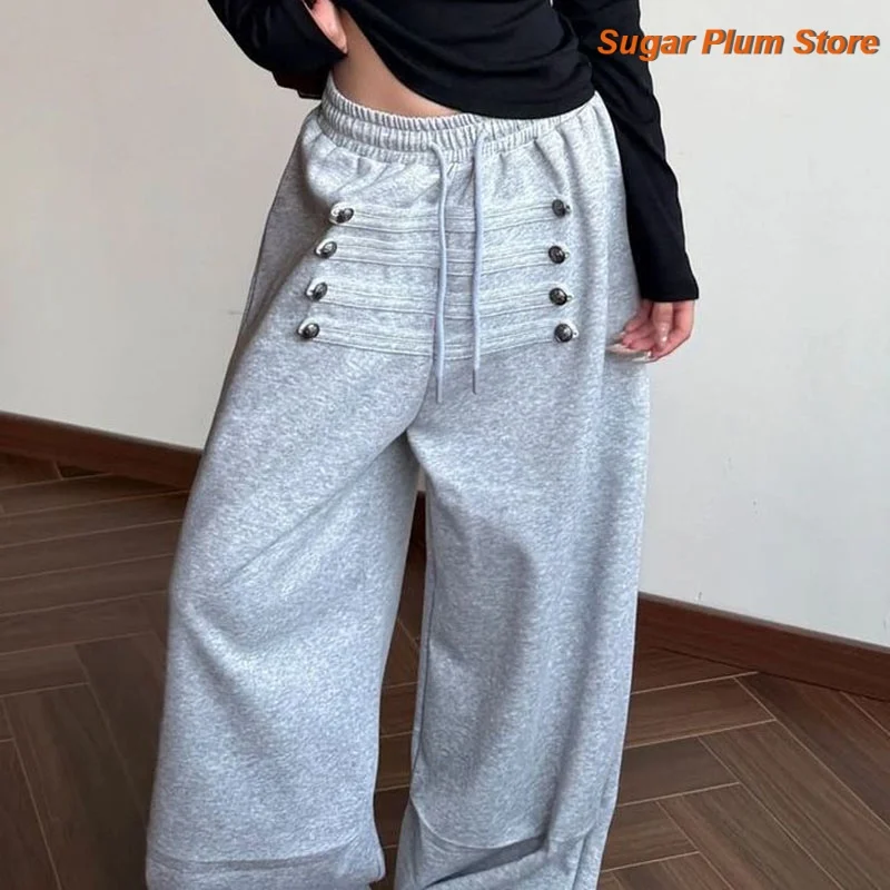 American Retro Design Niche Palace Buckle Decorative Wide-leg Casual Pants Women's Multi-row Retro Subculture Sports Pants