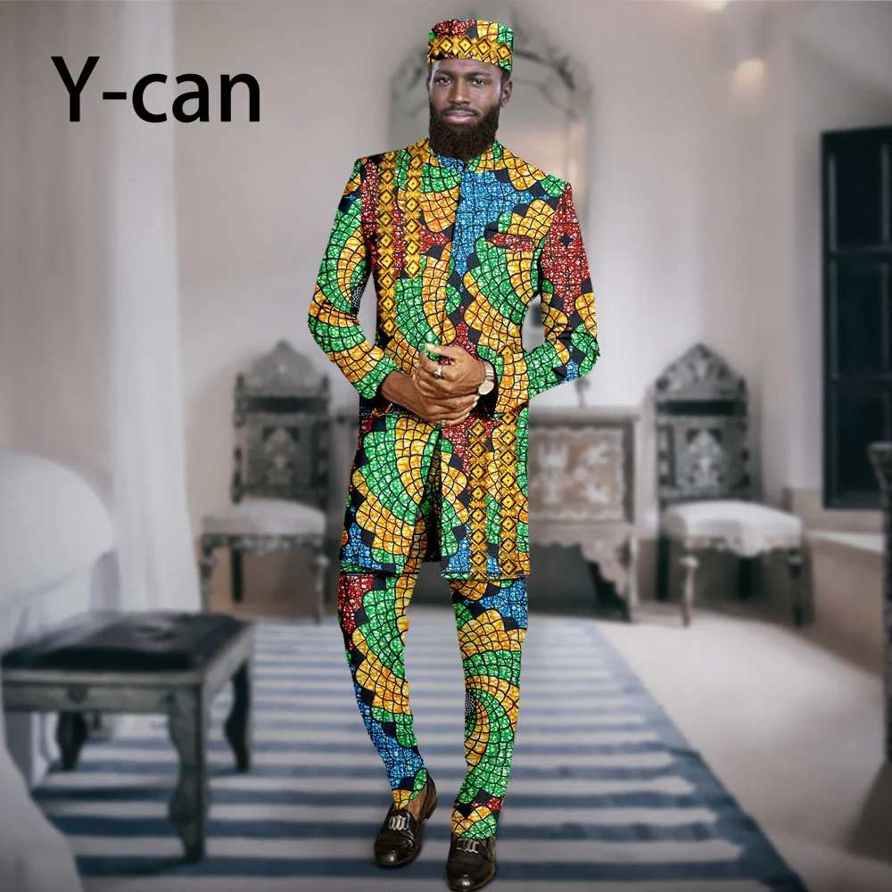 African Men Clothing 3 Piece Suits Set Embroidery Jacket and Trousers Match Muslim Caps Coat Men Outfits Party Wedding A2316069