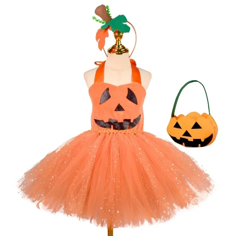 Girls Pumpkin Pattern Tutu Skirt 3Pcs Set Fluffy Tulle Dress Kids Halloween Party Clothes Holiday Stage Performance Outfit