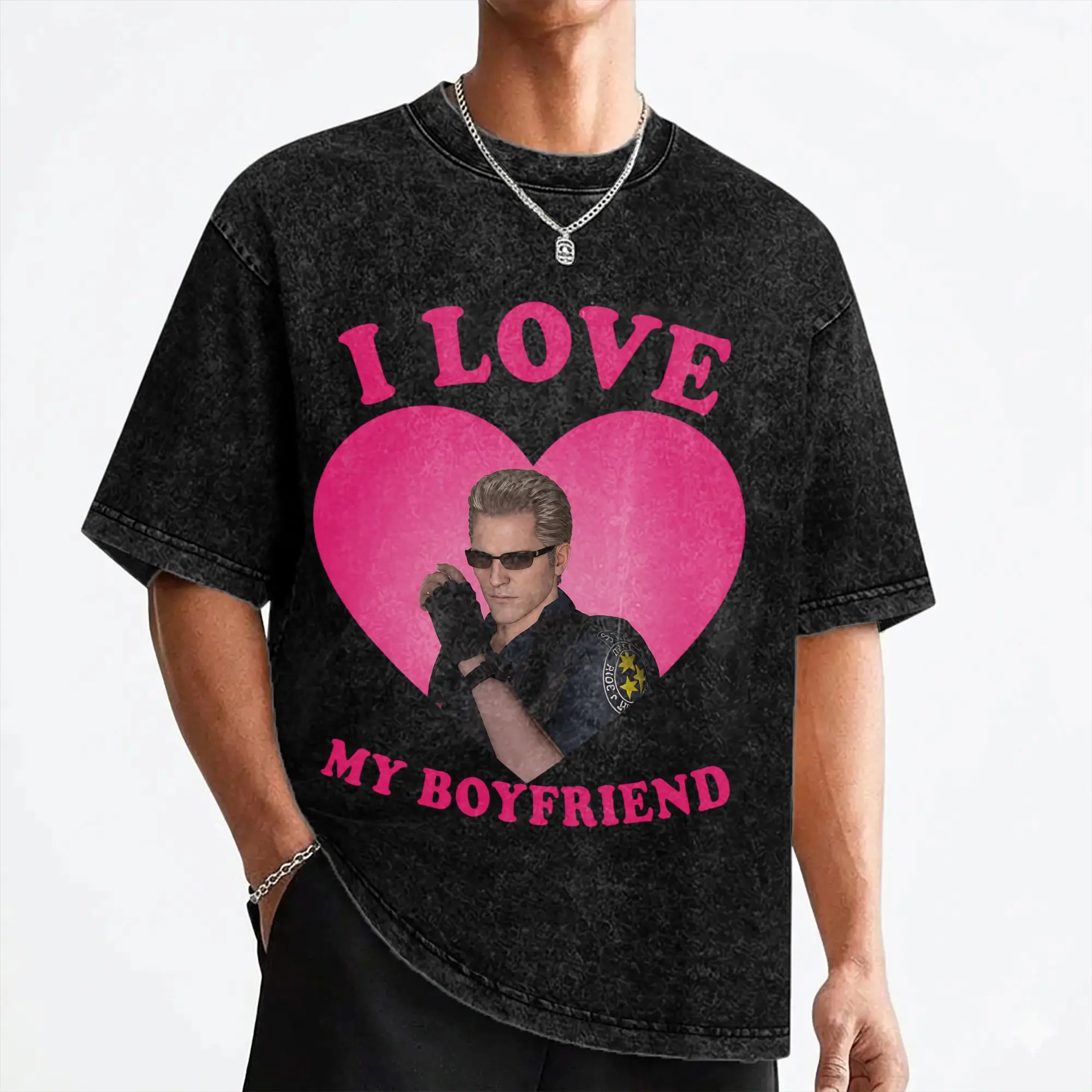 I Love My Boyfriend Albert Wesker Washed T Shirt Streetwear T-Shirts Tee Shirt for Men Women Short Sleeve Harajuku Graphic