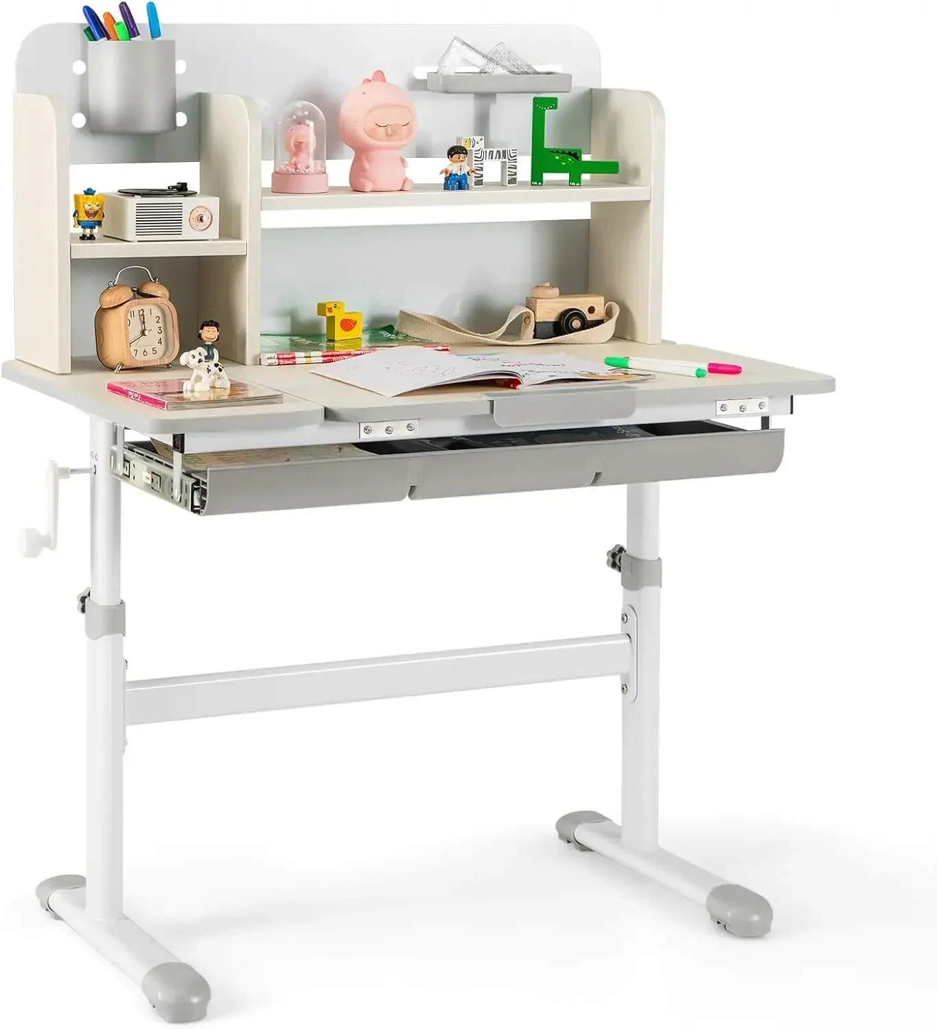 Kids Study Desk, Height Adjustable Children School Desk with Storage, Tilt Desktop, Pen Holder & Scale Ruler, Student Computer D