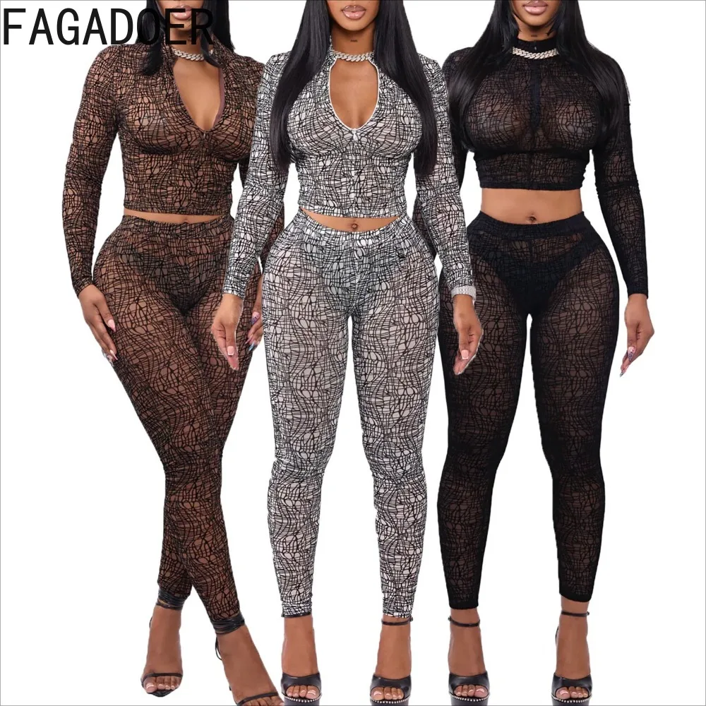 FAGADOER-Conjunto de 2 piezas de retazos a rayas para mujer, Top corto liso de manga larga y pantalones de mallas, ropa de calle femenina