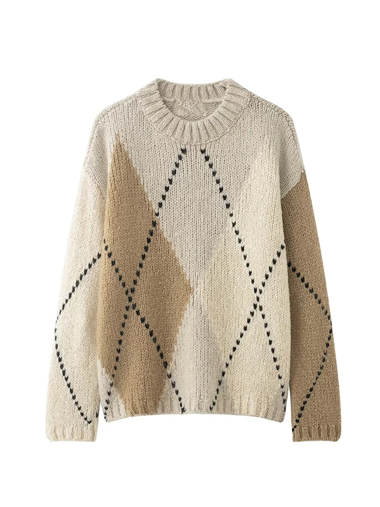    TFMLN Damesmode Argyle Trui Lente Herfst Losse O-hals Trui Gebreide Top Elegante Lange Mouw Plaid Casual Knitwear