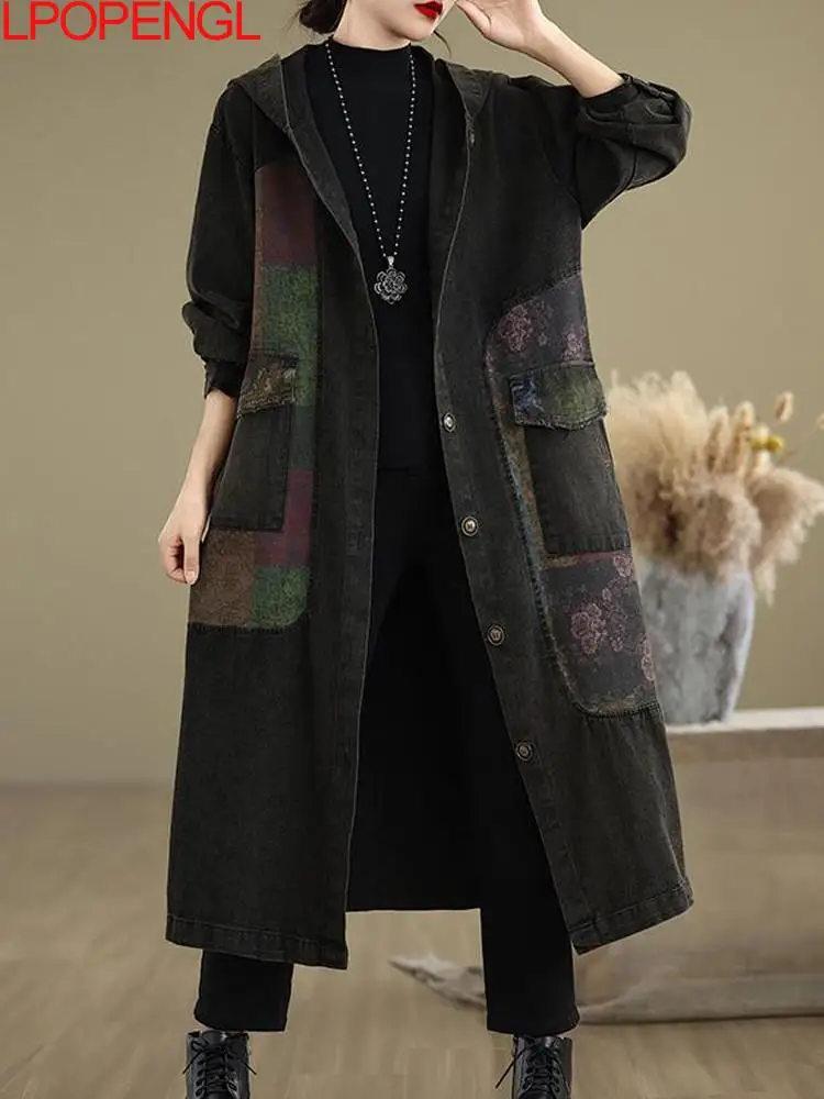 

New Autumn And Winter Woman Single Breasted Patchwork Hooded Denim Jacket Oversized Wide-waisted Long Sleeves Streetwear Trench