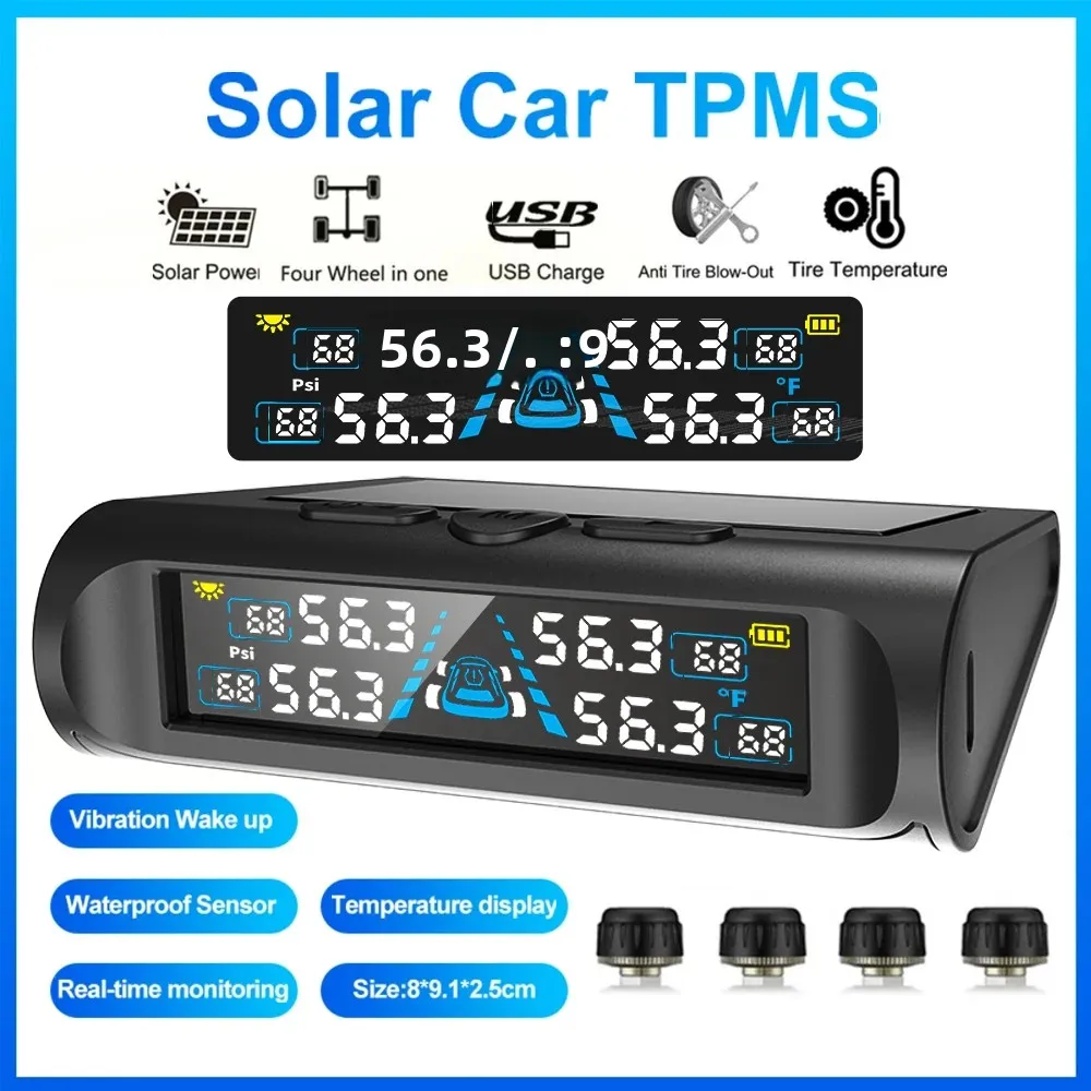 

USB/Солнечный TPMS-монитор температуры с 4 внешними датчиками, цифровой ЖК-дисплей, манометр давления в шинах 0-6.8 бар, монитор давления в автомобильных шинах
