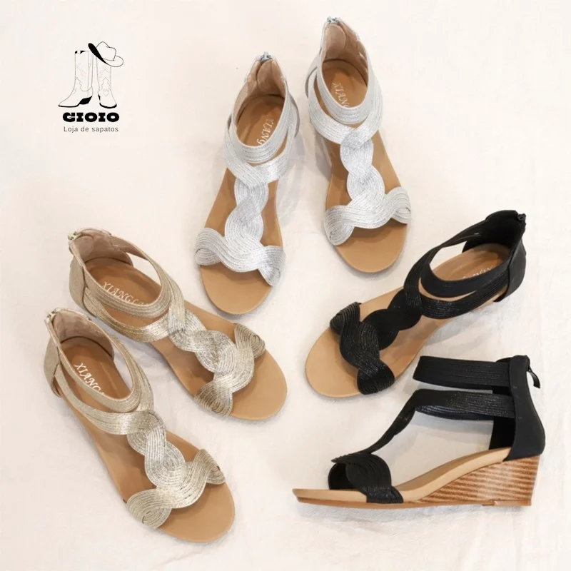 

GIOIO Shoes Sandals Women Slope Heel Sandals Summer European And American Large Size Thin Women's Shoes Back Zip Roman Shoes