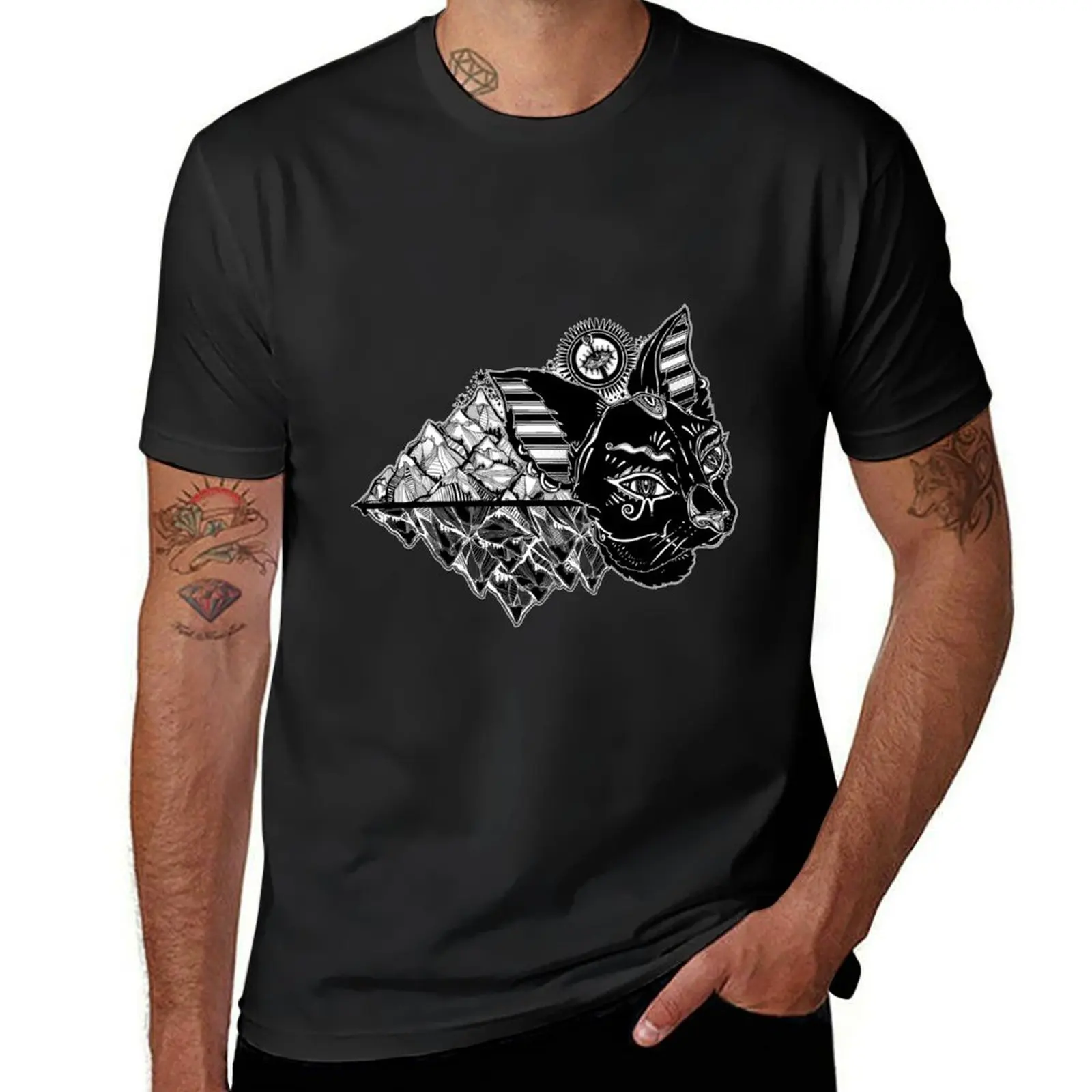 Cat head portrait in ancient Egypt style - symbol of goddess Bastet with nature and mountains. T-Shirt