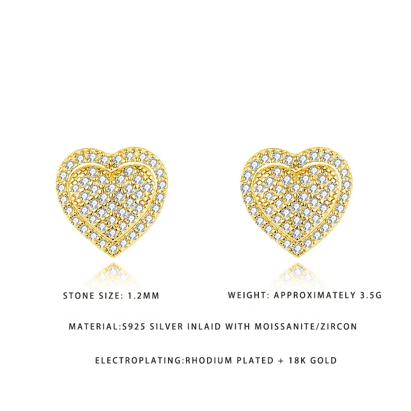 

Luxury 18K Gold Plated Heart Earrings S925 Silver with Moissanite/Zircon Fashion Bridal Engagement Studs for Women