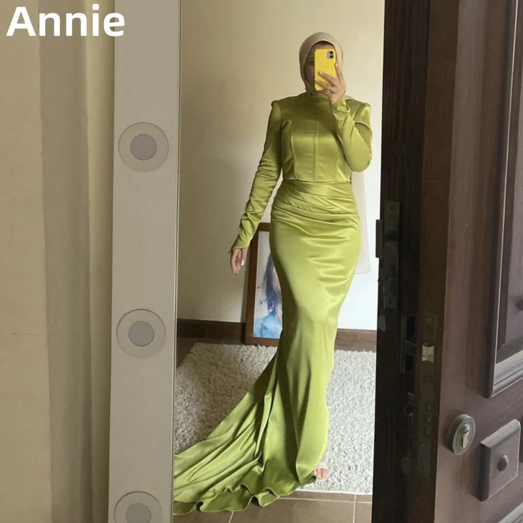 

Annie Green Prom Dresses Silk Satin Corset Long Sleeves Evening Dress فساتين السهرة Arab Lady Formal Occasions Party Dresses