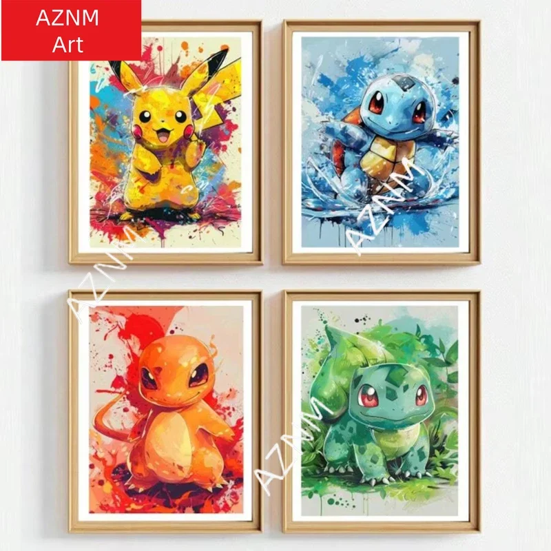 AZNM Pokemon Splash Ink Starter Characters Canvas Wall Art, Unframed Canvas Print Poster for Bedroom Living Room Home Art Decor