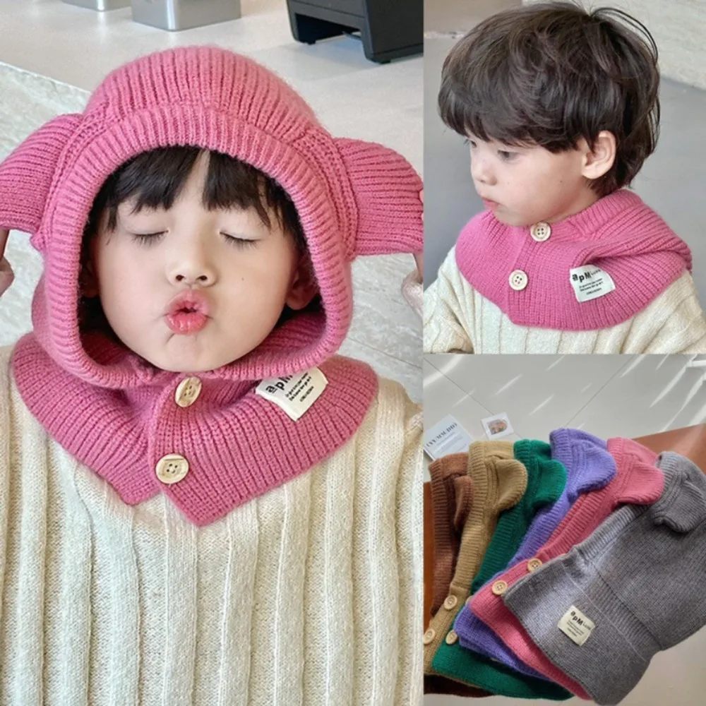 Cute Warm Baby Hooded Hat Knitted Ear Protection Baby Hat With Scarf Kids Balaclava Cap Kids