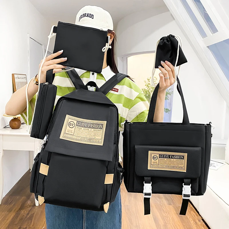 

2023 5Pcs Sets Women Backpacks High School Bags Canvas Kawaii Women Backpack Fashion Book Bags Female with Plush Pendant Cute 50