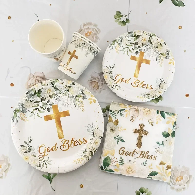 Disney Children's Theme Party Supplies Holy Communion Baptism Flower Cross Disposable Tableware Invitation Card Decoration