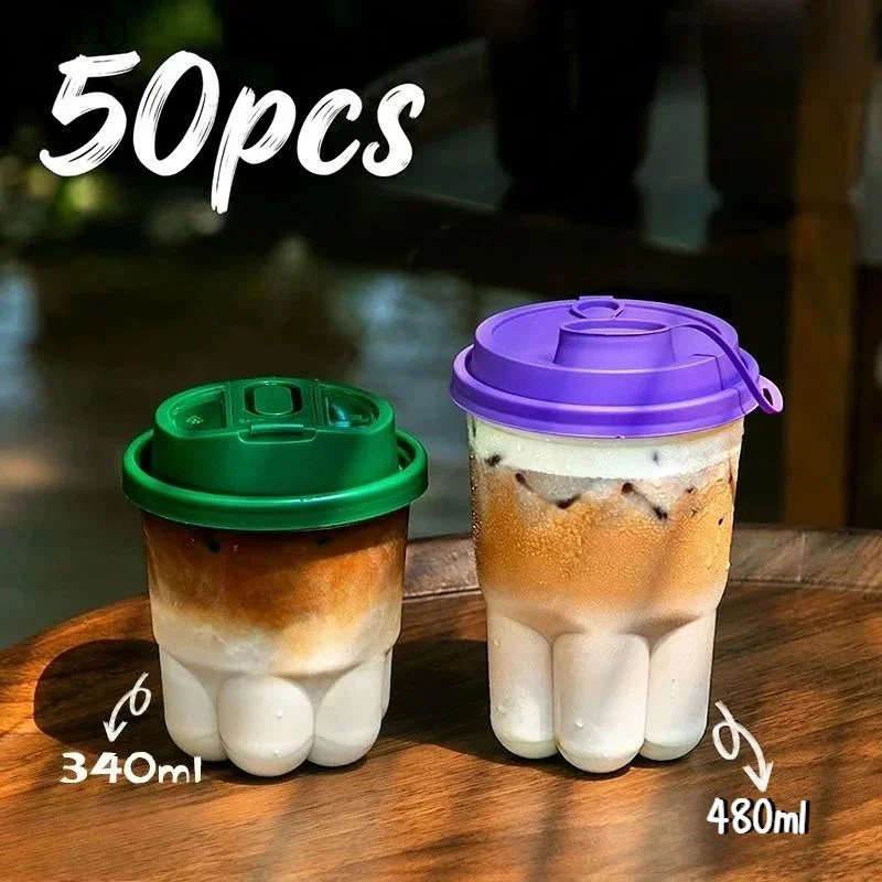 50 Set Cute Cat Paw Style Cold Drink Cup Disposable High Transparency Plastic Container Commercial Creative Coffee Mug〔CC11〕