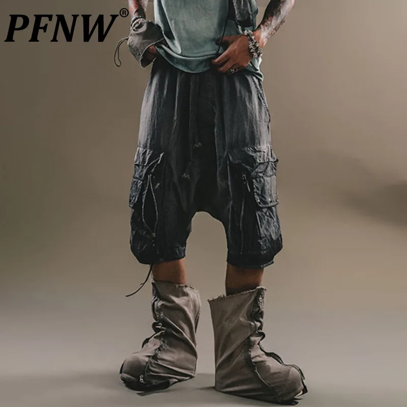 

PFNW Functional Style Men's Shorts Causal Three-dimensional Pocket Washd Worn-out Bottom Solid Color Male Trouser New 12C486