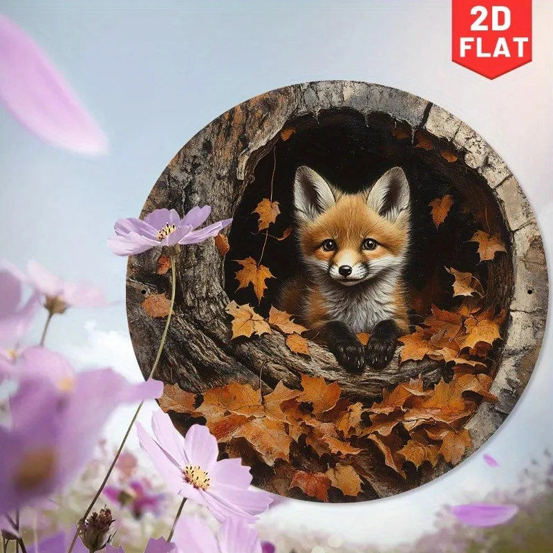 1pc Adorable Fox in Leaves Aluminum Metal Sign-Round Vintage Wall Decor, Rustic Fall Home Decor for Living Room, Bedroom, Office