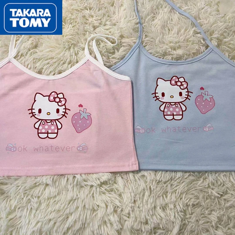 

TAKARA TOMY 2022 Hello Kitty Summer Girls Fresh and Cute Cotton Slim Short Sling Cartoon Print Lace Seaside Beach Vest Top