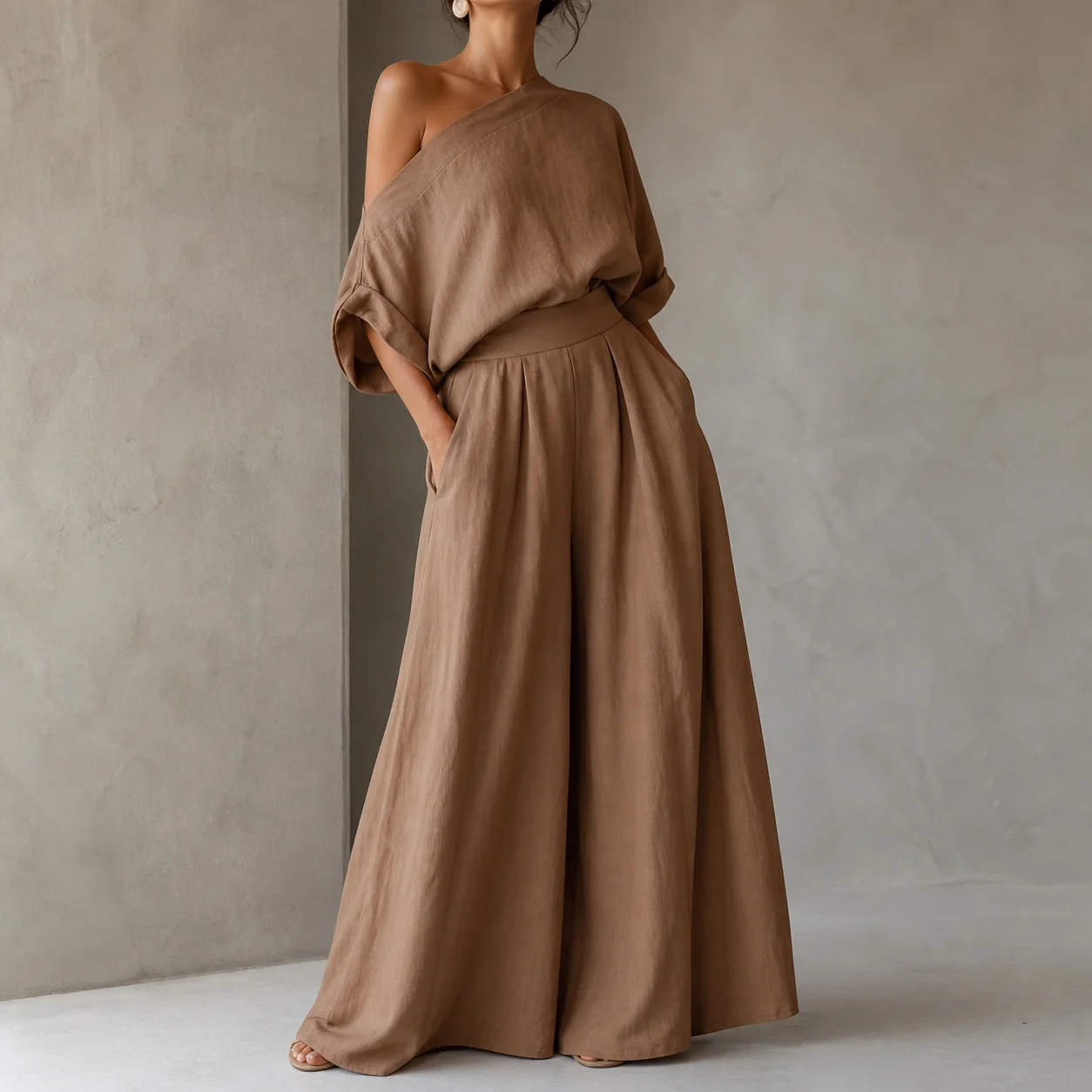 Women's Matching Sets: Drop Shoulder Solid Color Half Sleeve T Shirt with Long Loose Woven Pants Elegant Women’s 2-Piece Outfit