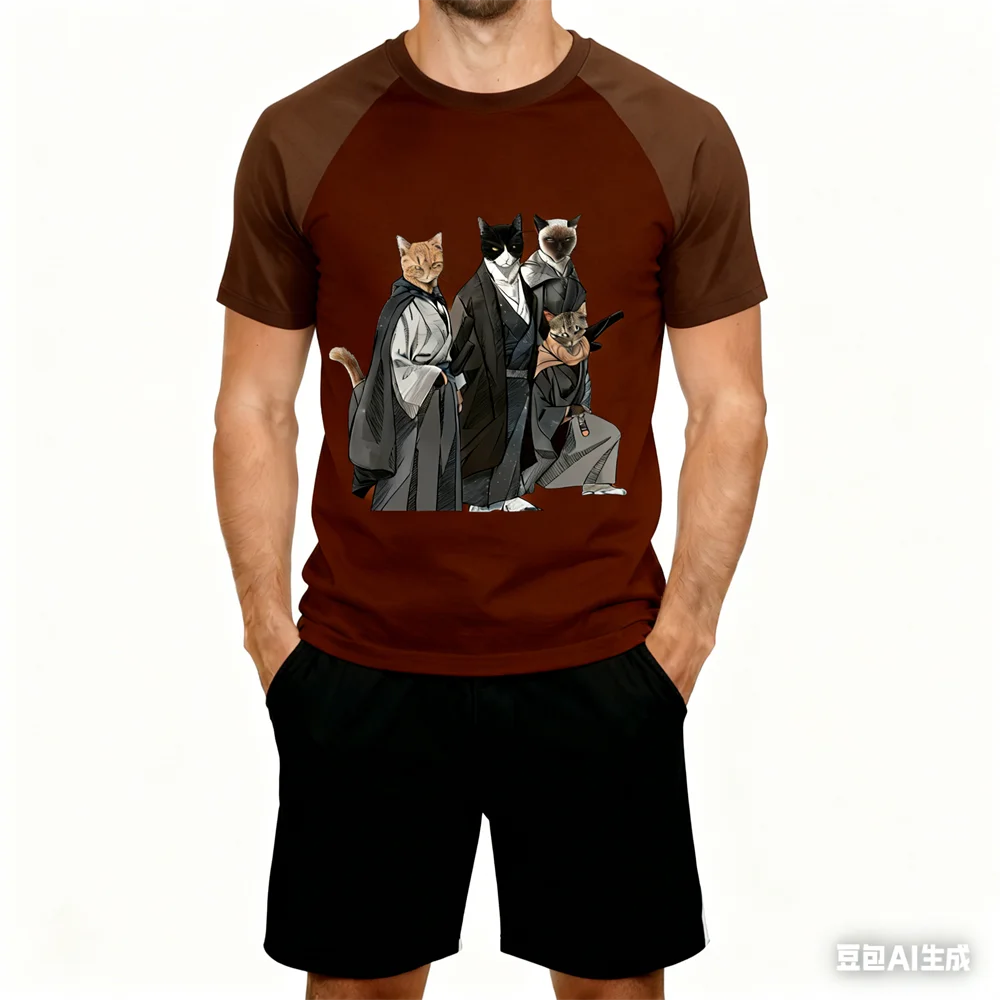 

3D Samurai Cat Pattern Men's Two-piece Set Summer Outdoor Street Fun Men Clothing Top Hip Hop Daily Unisex Men Short Sleeve Suit