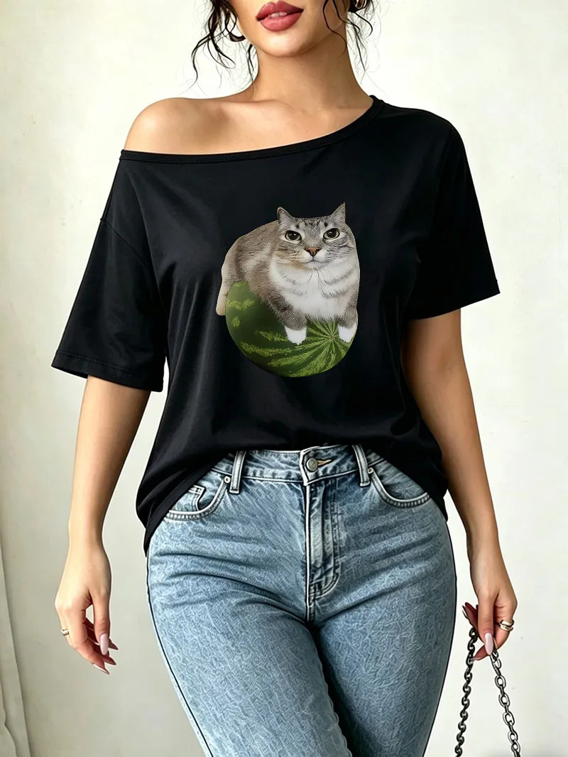 Kawaii Summer Funny Watermelon Cat Meme Print Shoulder Loose Y2K T-shirt Graphic Tee Women's Loose Off Shoulder Clothes