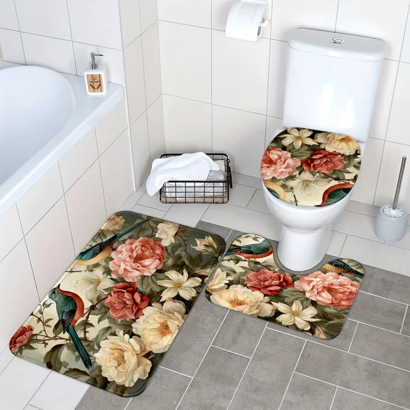 3 pcs/set flower and birds printed floor mat, three-piece bathroom mat set, non-slip mat, water-absorbent mat, toilet lid mat, t