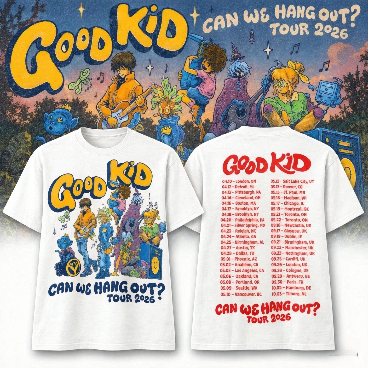 Men Good Kid Band Tour 2026 T-shirt Can We Hang Out Front and Back Print Oversized Short Sleeve Indie Rock Graphic Tee Music Fan