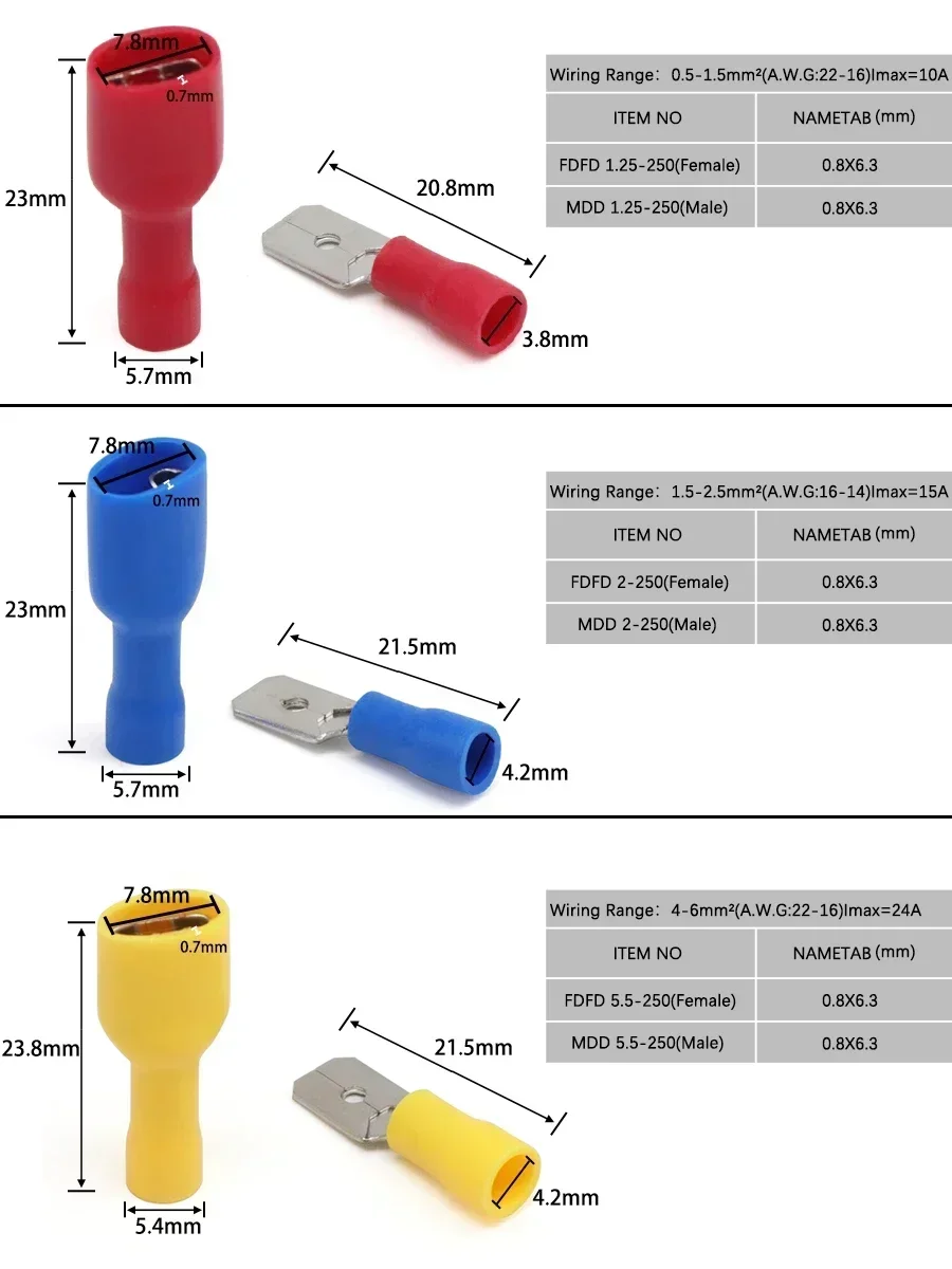 10/20/50pcs FDD/MDD 6.3mm Terminal Red Blue Yellow Female Male Spade Insulation Electric Crimp Terminal Wire Connectors