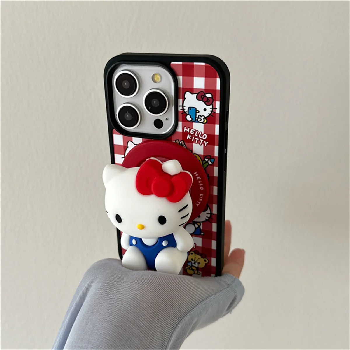 Casing Ponsel Magnetik Pola Kotak-kotak Kucing Lucu Fashion untuk iPhone 16 Pro 13 14 15 Pro Max Penutup Belakang dengan Dudukan untuk Magsafe