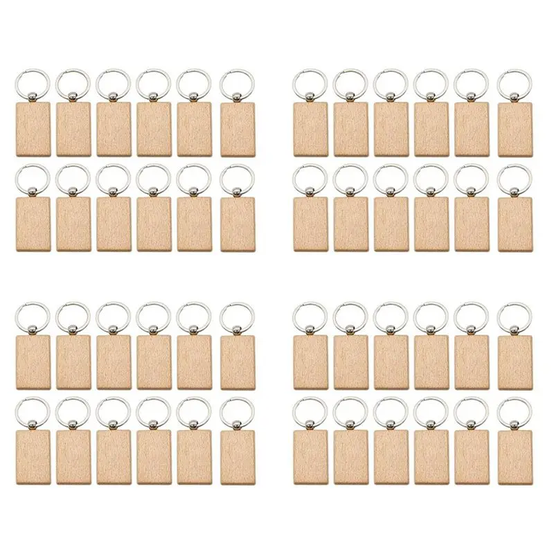 GTBL 48 Pcs Blank Wooden Key Chain Rectangle Key Chain Tags Wood Keychains Key Ring For DIY Craft