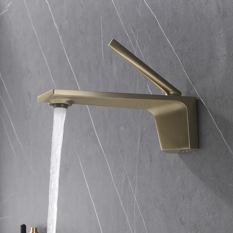 Modern Bathroom Sink Faucet Wall Mounted Single Handle Hot and Cold Mixer Taps One Hole Basin Sink Faucet Brushed Gold