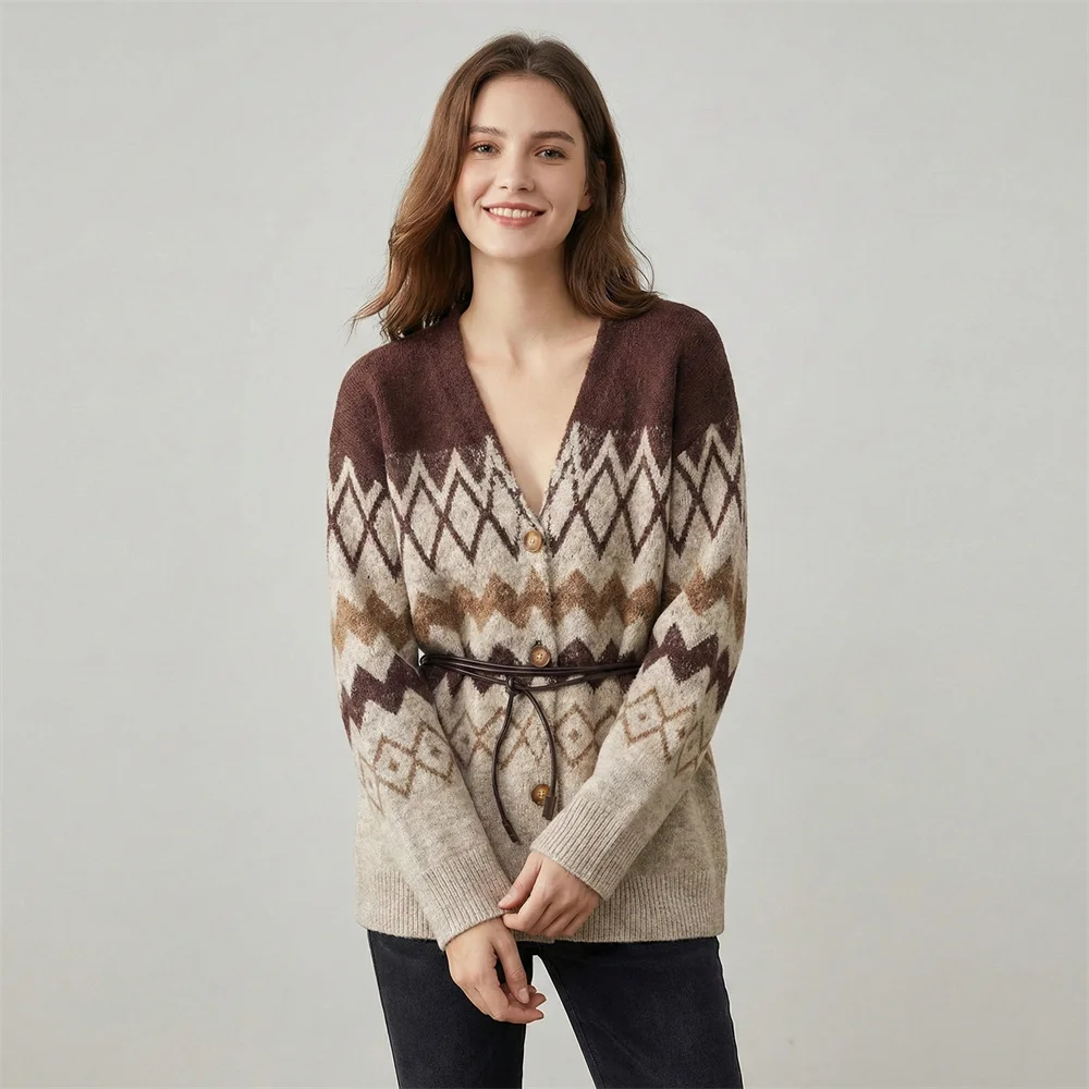 

Женский жаккардовый вязаный кардиган-пальто с V-образным вырезом, на одной пуговице, с длинными рукавами, с поясом, весенний топ