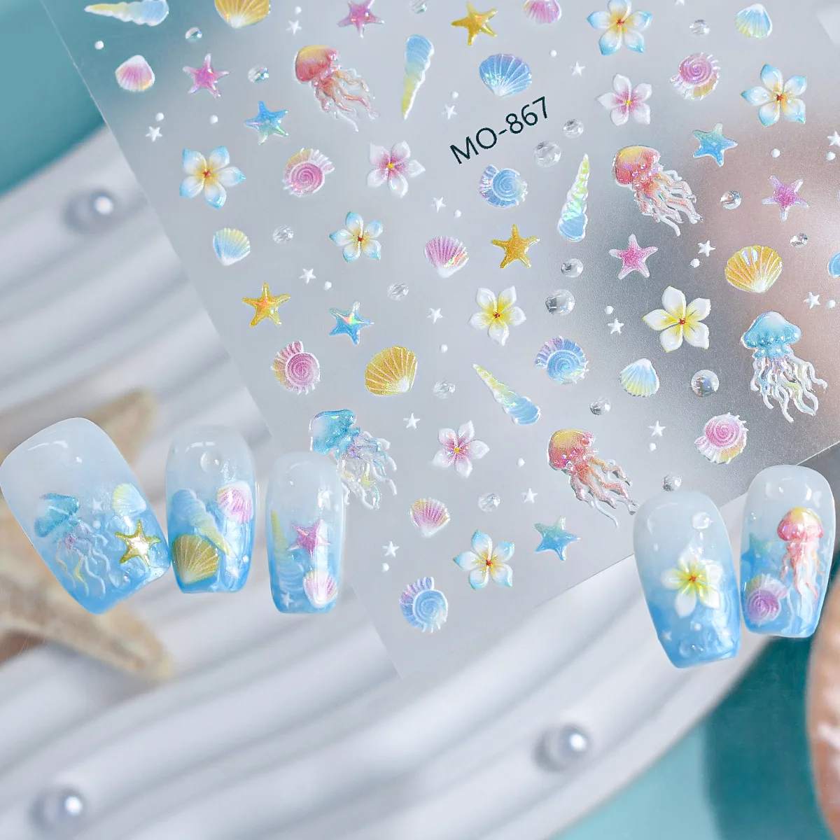 5D Summer Ocean Nail Stickers Colorful Jellyfish Shell Tiny Fish Coral Mermaid Tail Conch Starfish Plumeria Seaside Nail Decals