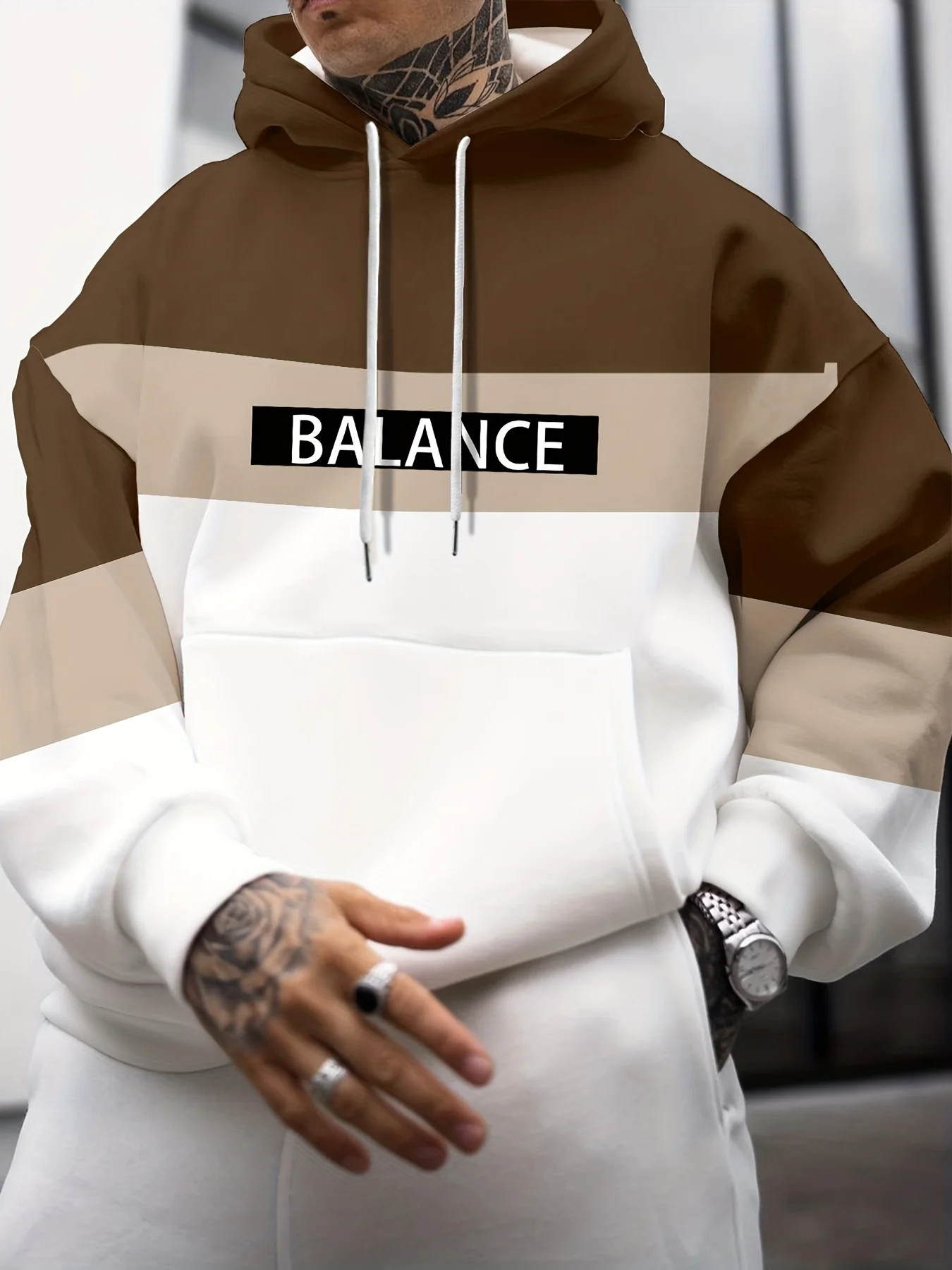 BALANCE Letter Print Hoodie Men Women Brown Beige White Color Block Casual Pullover Hooded Sweatshirt Hip Hop Sport Tops
