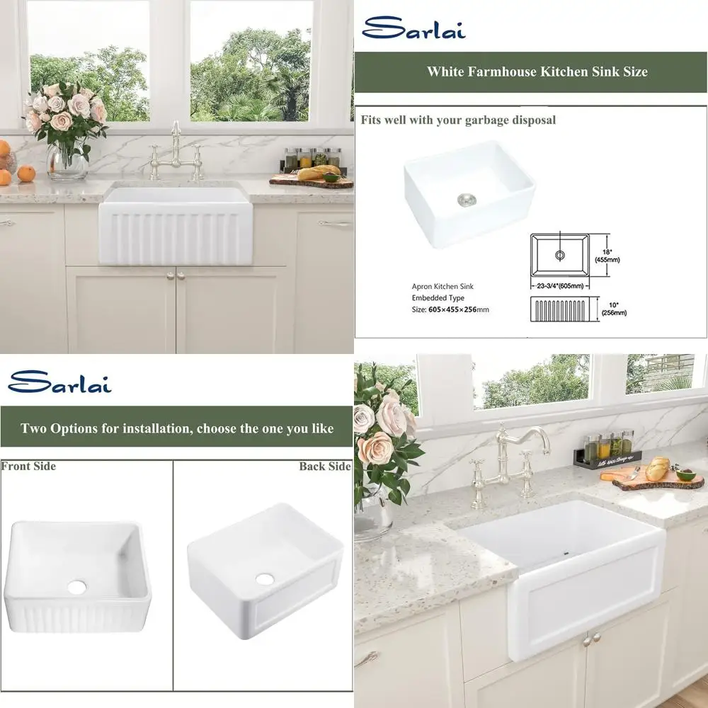 

White Ceramic Porcelain Farmhouse Sink 24 x 18 Reversible Single Bowl Apron Front Kitchen Sink with Fireclay Material